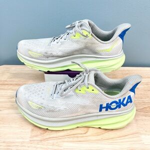HOKA One One Clifton 9 Running Walking Shoes Gray/Green - MENS 12 (EE) WIDE